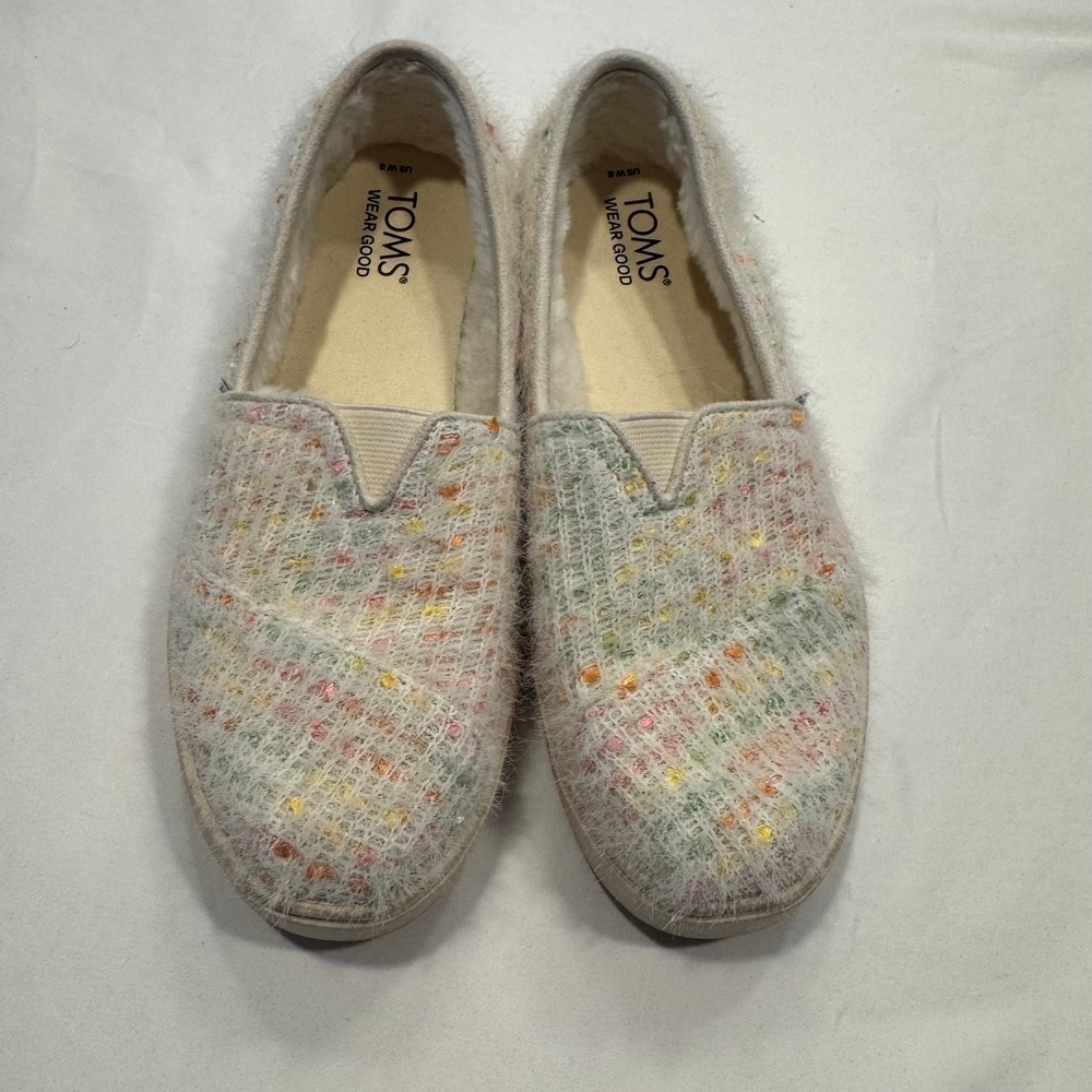 TOMS Alpargata Fuzzy Confetti Knit Faux Fur Lined Slip On Shoes Sz 6 Cream EXCL